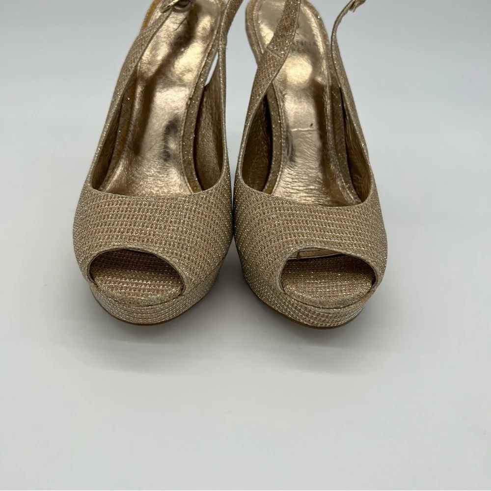 Adrianna Papell Gold Glitter Slingback Platform Heels – Peep Toe High Heel Pumps